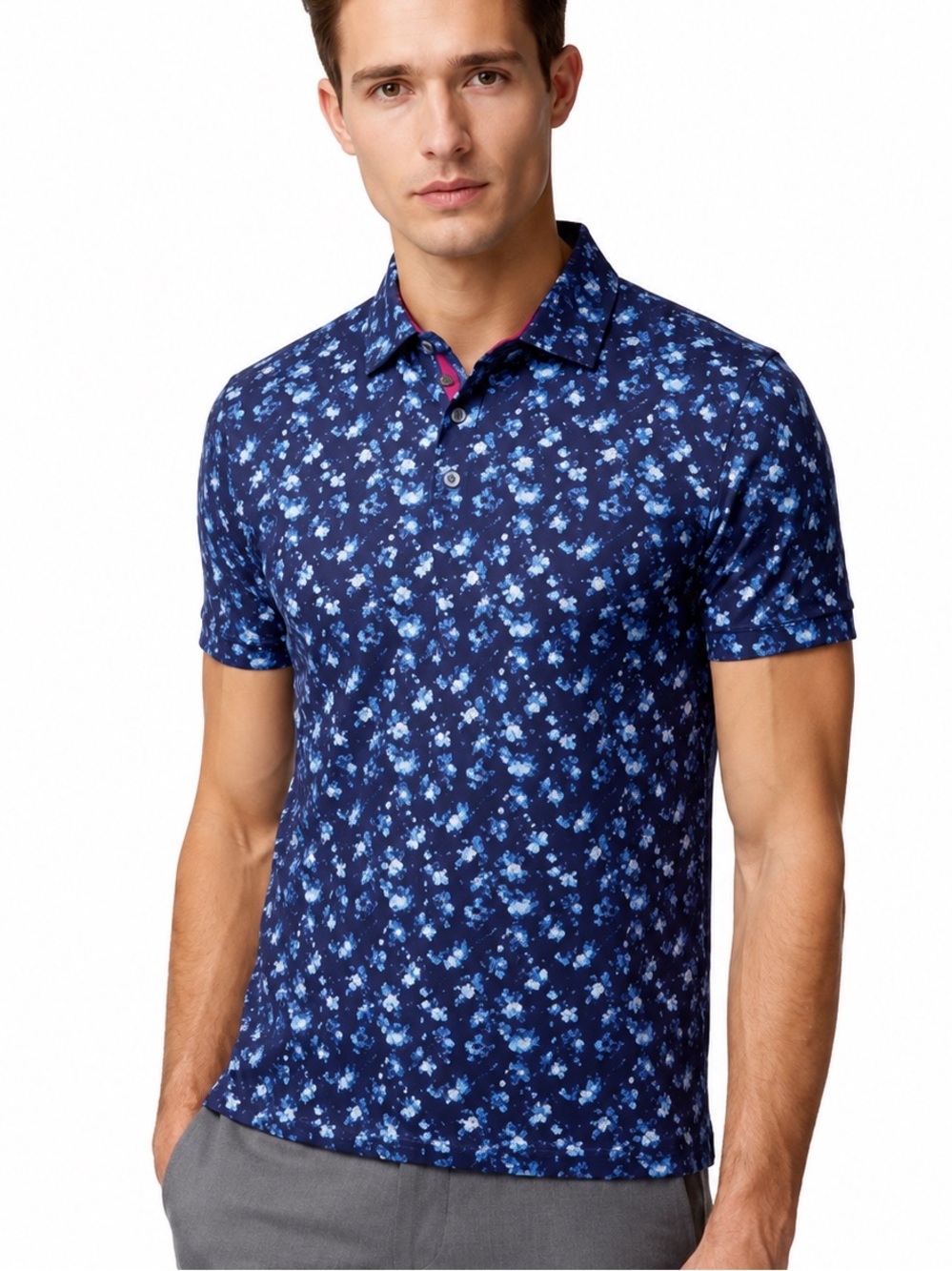 Silver Stone Floral Print Button-Up Shirt Large Modern Fit Navy Blue White Short